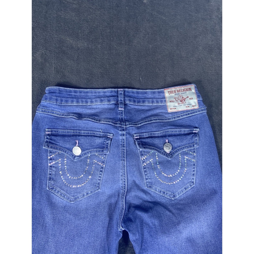 True Religion Joey Mid Rise Flare Women's Blue Jeans Flap Pocket Crystals Sz 29